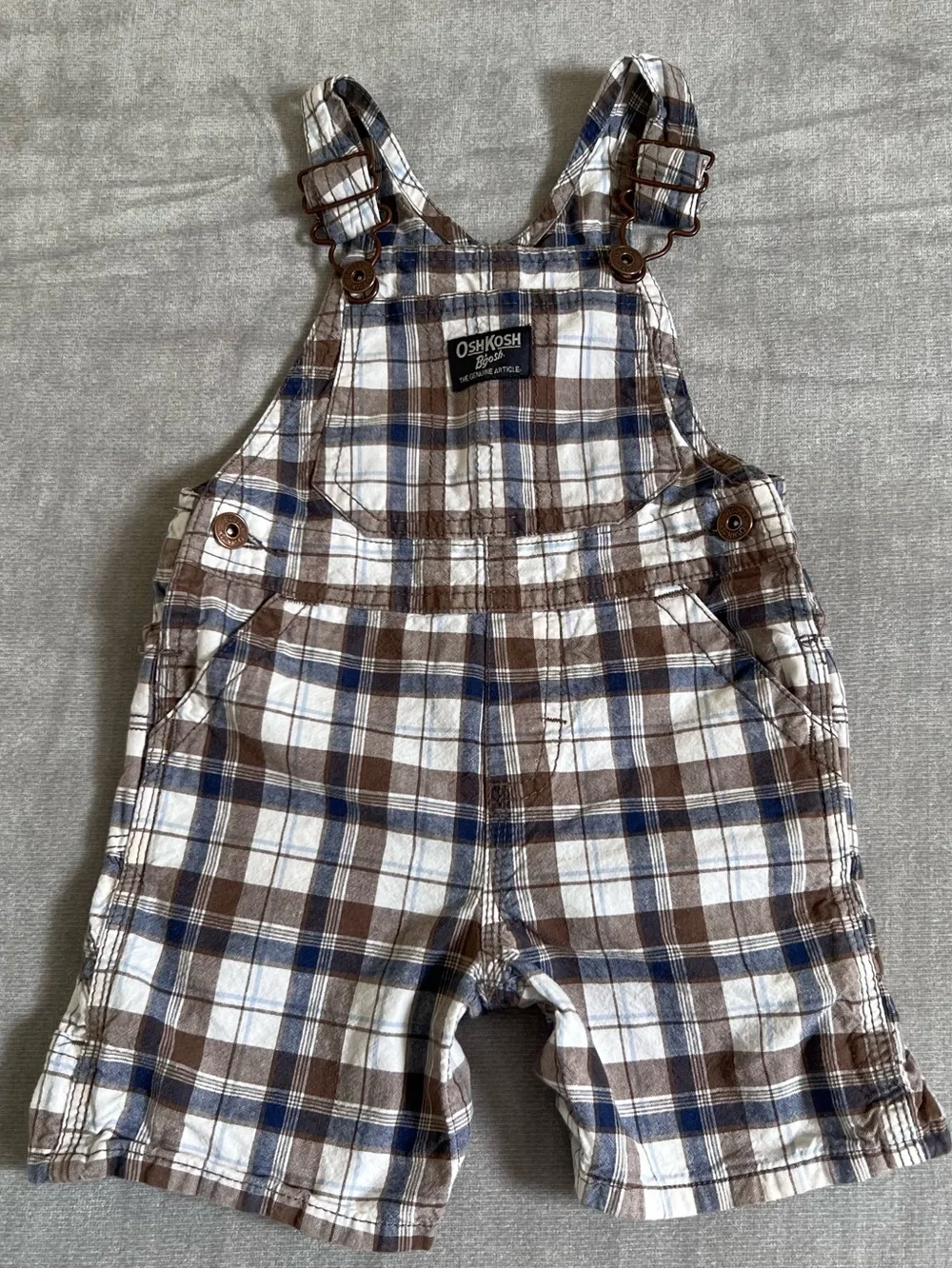 OshKosh B'gosh Brown, Blue and White Plaid Cotton Kids Overalls Shorts Boy 18M